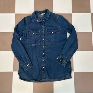 River Island Medium Blue Denim Snap Button Up 100% Cotton Shirt Size XS
